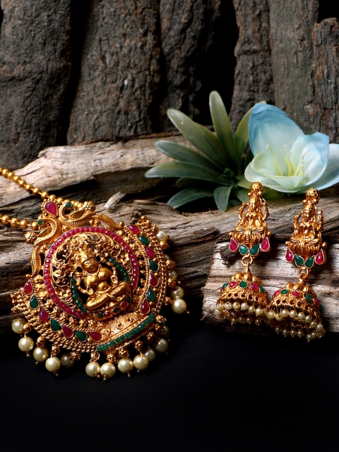 

ANIKAS CREATION Women Gold-Plated Goddess Laxmi Red Stone-Studded Temple Jewellery Set