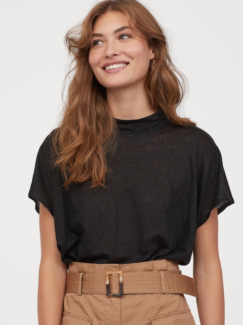 

H&M Women Black Solid Wide Linen Top
