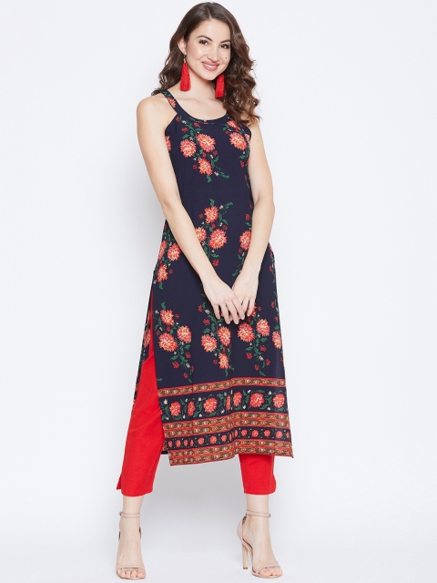 Women Navy Blue & Orange Floral Print Straight Kurta