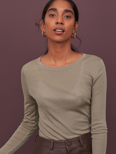 

H&M Women Beige Solid Ribbed Silk-Blend Top