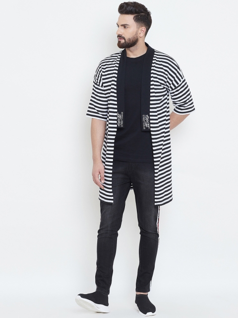 

FUGAZEE Men Black & White Striped Open Front Shrug
