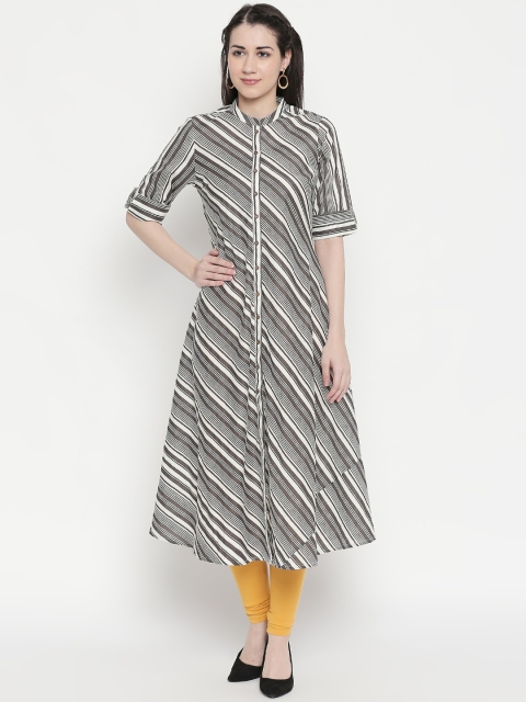 

RANGMANCH BY PANTALOONS Women Off-White & Grey Striped A-Line Kurta
