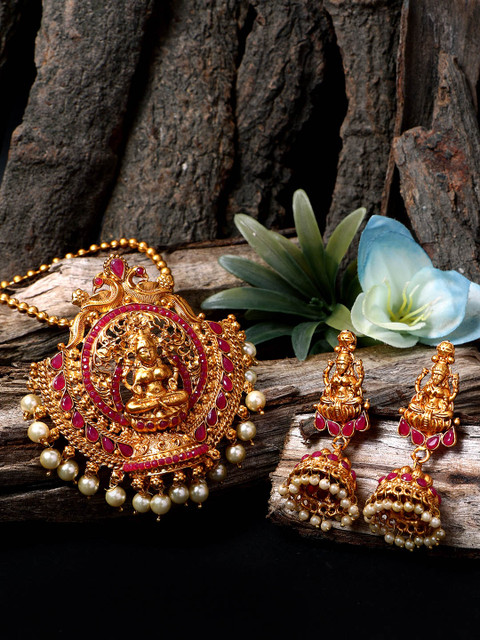 

ANIKAS CREATION Women Gold-Plated Goddess Laxmi & Maroon Stone-Studded Jewellery Set