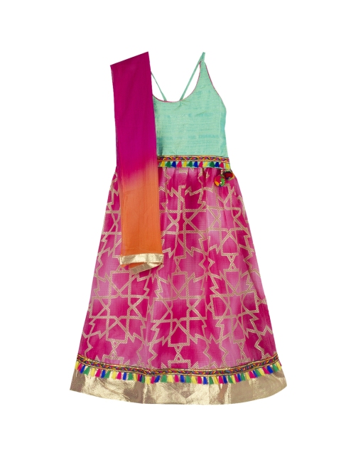 

KID1 Girls Green & Pink Solid Ready to Wear Lehenga & Blouse with Dupatta