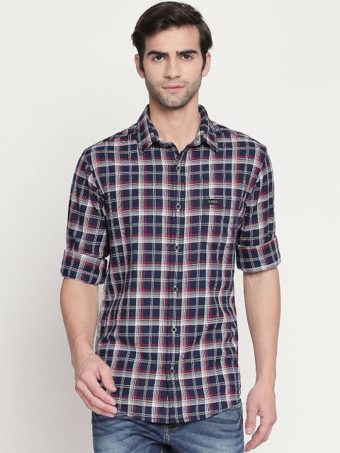 

Mufti Men Navy Blue & Cream-Coloured Slim Fit Checked Casual Shirt