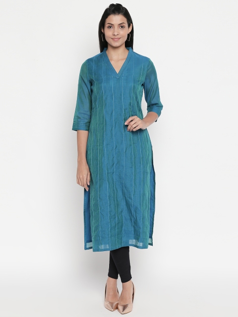 

RANGMANCH BY PANTALOONS Women Teal Striped Straight Kurta