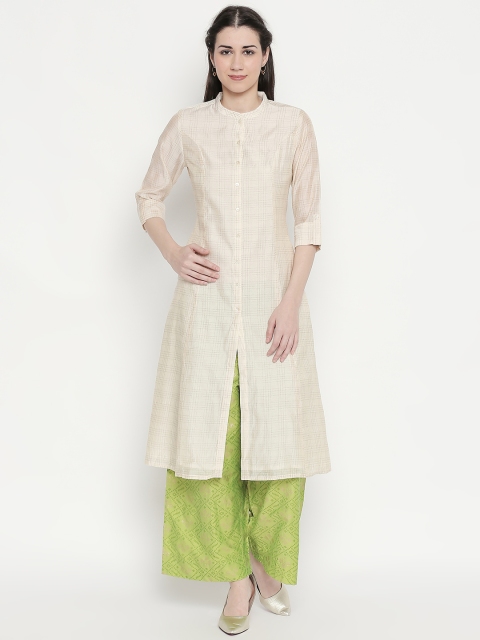 

RANGMANCH BY PANTALOONS Women Cream-Coloured Checked Straight Kurta
