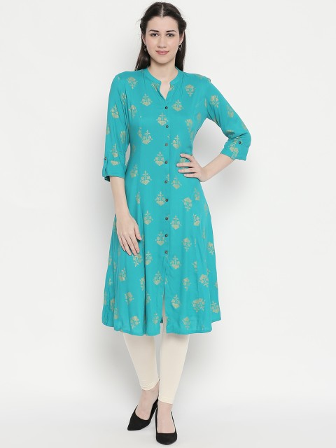 

RANGMANCH BY PANTALOONS Women Turquoise Blue Printed A-Line Kurta