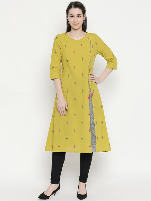 

RANGMANCH BY PANTALOONS Women Lime Green & Magenta Woven Design A-Line Kurta