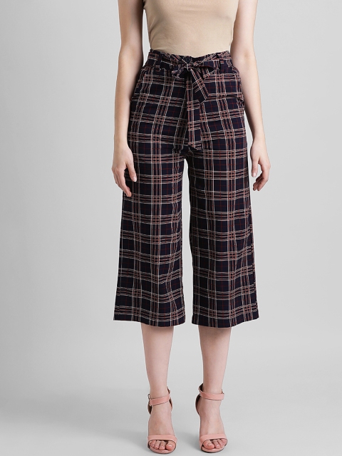 

Zink London Women Navy Blue Regular Fit Checked Parallel Trousers