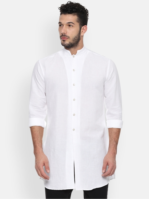 

V Dot Men White Slim Fit Solid Cotton Linen Longline Casual Shirt