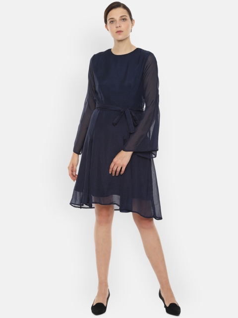 

Van Heusen Woman Women Checked Navy Blue Fit and Flare Dress