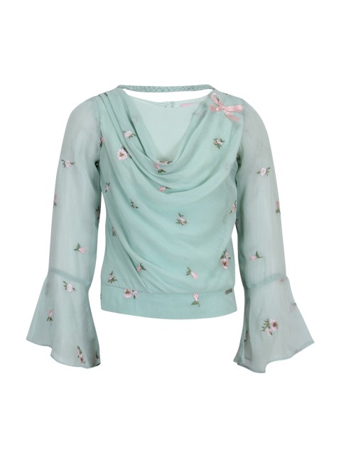 

CUTECUMBER Girls Green Floral Embroidery Top