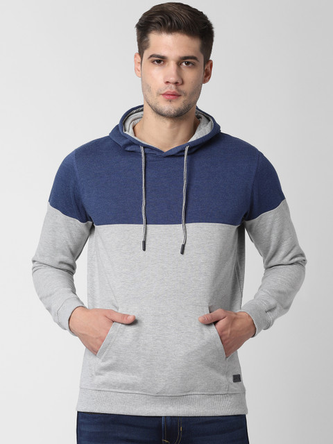 

Peter England Casuals Men Grey & Blue Colourblocked Hooded Sweatshirt