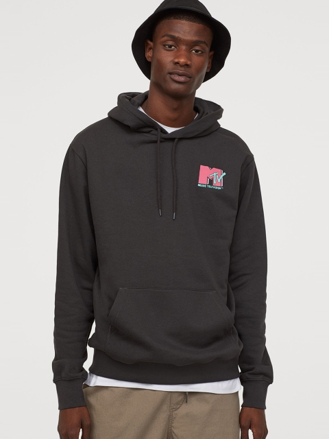 

H&M Men Black Printed Hooded Top