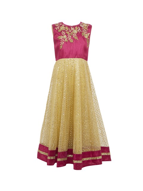 

BETTY Girls Magenta & Gold-Coloured Embellished Colourblocked Maxi Dress, Burgundy