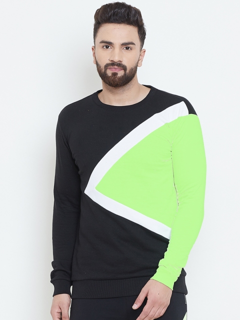 

FUGAZEE Men Black & Fluorescent Green Colourblocked Sweatshirt