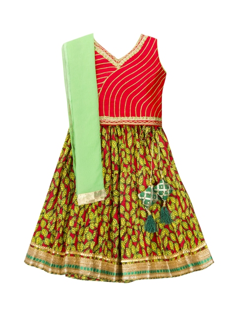 

KID1 Girls Red & Green Embroidered Ready to Wear Lehenga & Blouse with Dupatta
