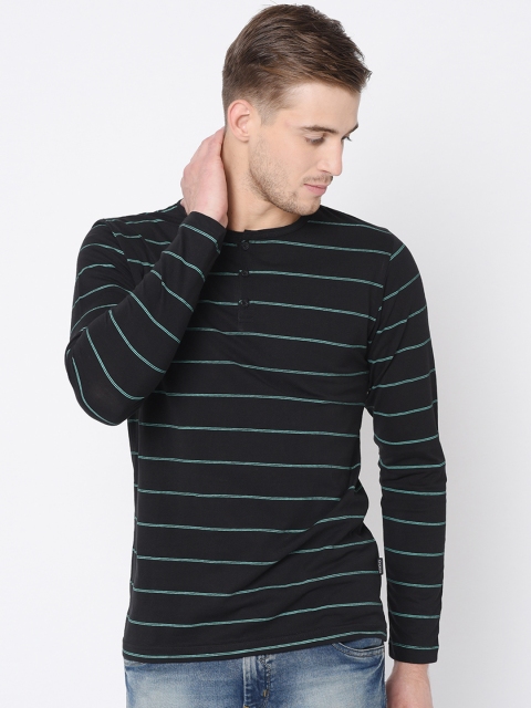 

Rigo Men Black Striped Henley Neck Slim Fit T-shirt