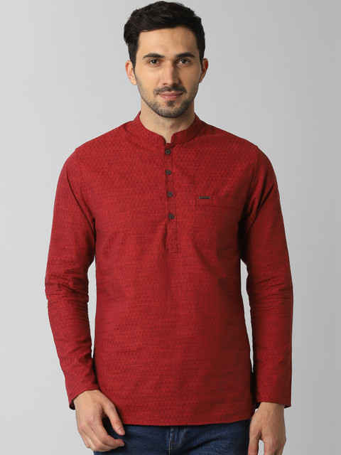 

Peter England Men Red Woven Design Short Straight Kurta
