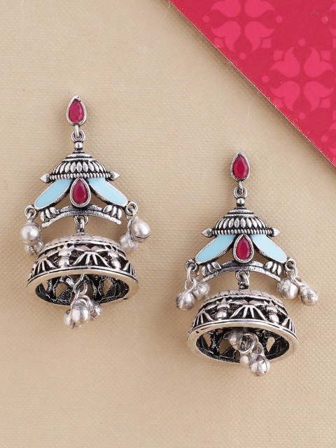 

Studio Voylla Silver-Toned & Red Oxidised Classic Jhumkas