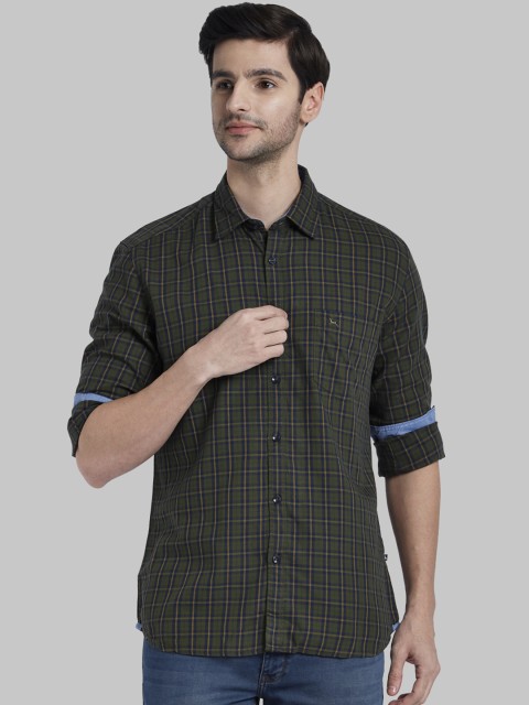 

Parx Men Olive Green & Navy Blue Regular Fit Checked Casual Shirt