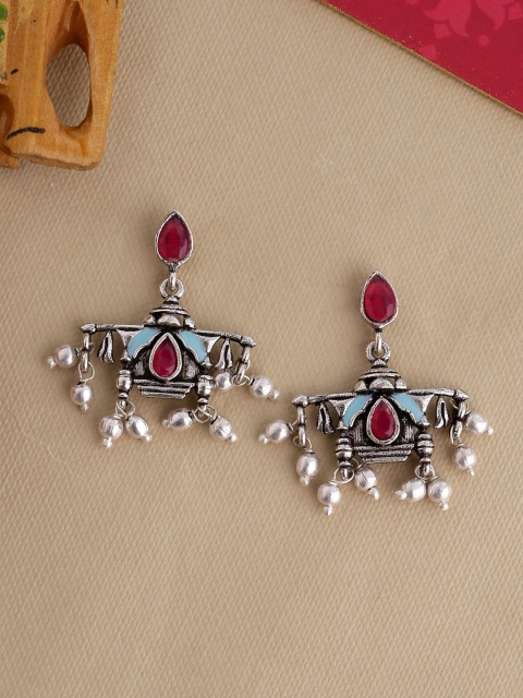 

Studio Voylla Silver-Toned & Red Oxidised Contemporary Drop Earrings