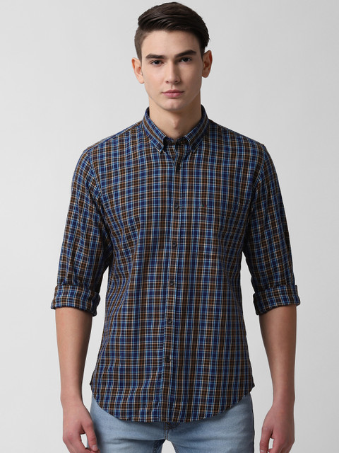 

Peter England Casuals Men Blue & Brown Slim Fit Checked Casual Shirt