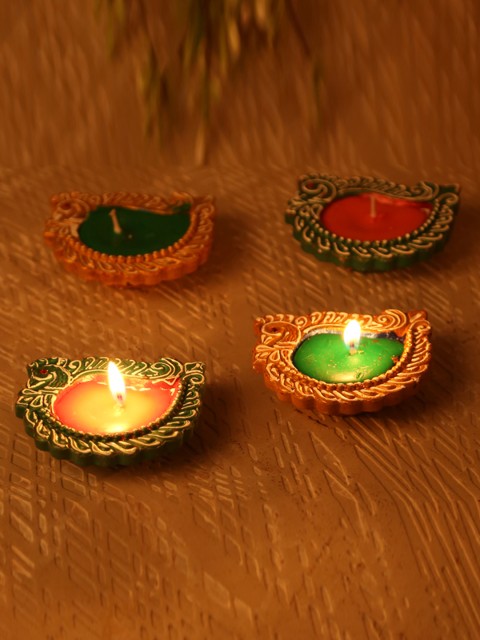 

Aapno Rajasthan Set of 4 Swan Designed Handpainted Terracotta Diyas, Green