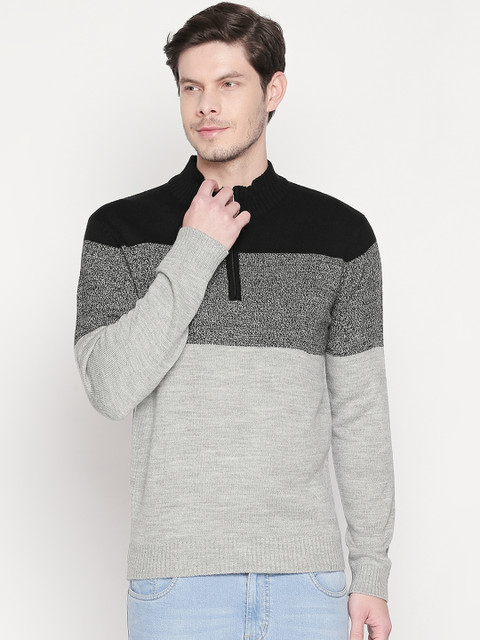 

BYFORD by Pantaloons Men Grey Melange & Black Colourblocked Sweater