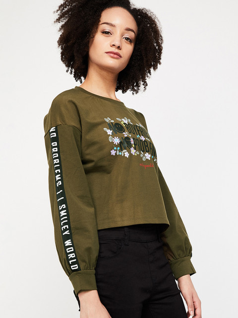 

Smiley World Women Olive Green Printed Sweatshirt