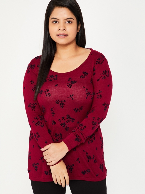 

nexus Plus Size Women Burgundy Printed Knitted Top