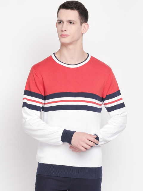 

BYFORD by Pantaloons Men White & Coral Orange Striped Sweater