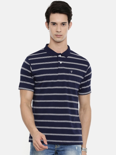 

Classic Polo Men Navy Blue & Off-White Striped Polo Collar Slim Fit T-shirt