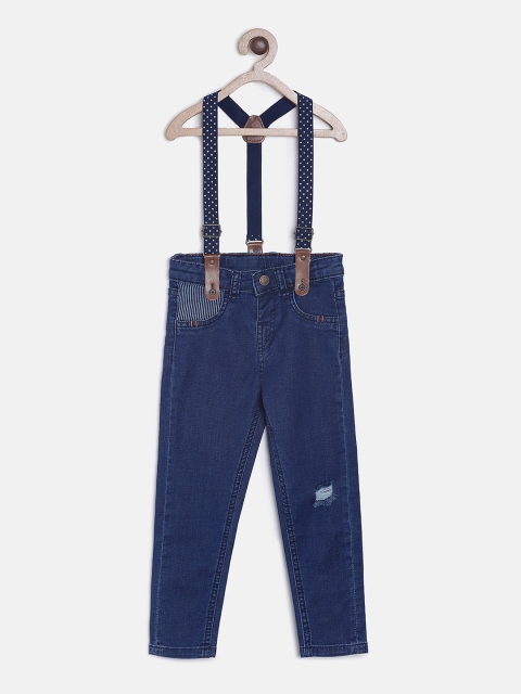 

TALES & STORIES Boys Blue Slim Fit Mid-Rise Low Distress Jeans With Suspenders