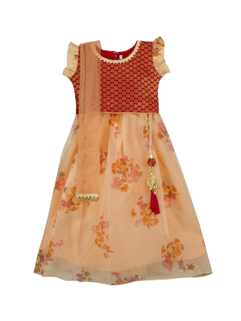 

KID1 Girls Red & Orange Woven Design Ready to Wear Lehenga & Blouse with Dupatta