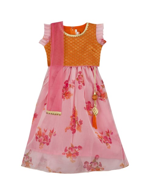 

KID1 Girls Orange & Pink Solid Ready to Wear Lehenga & Blouse with Dupatta
