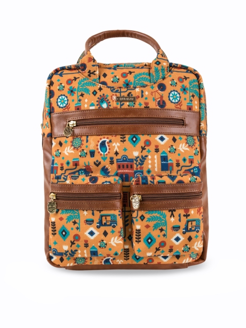

Chumbak Women Mustard & Teal Graphic Backpack
