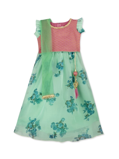 

KID1 Girls Pink & Green Woven Design Ready to Wear Lehenga & Blouse with Dupatta