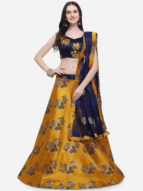 

Aasvaa Yellow & Navy Printed Semi-Stitched Lehenga & Unstitched Blouse with Dupatta