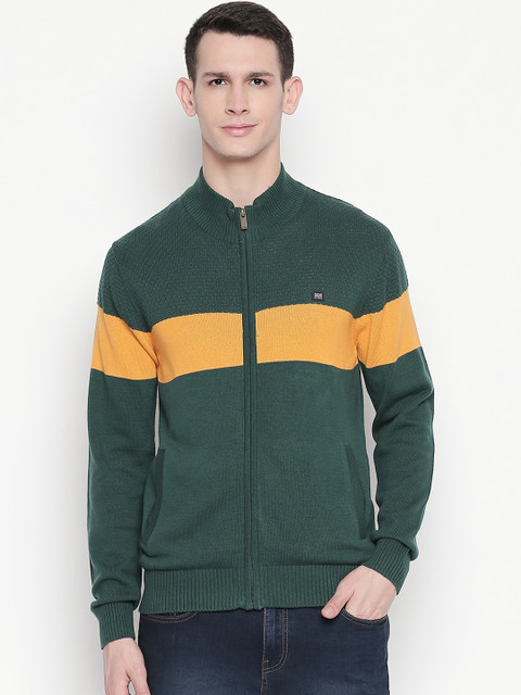 

BYFORD by Pantaloons Men Green & Mustard Yellow Colourblocked Sweater