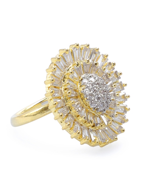 

Rubans Women Gold-Toned & White CZ Stone-Studded Statement Adjustable Finger Ring
