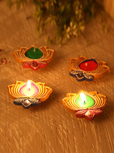 

Aapno Rajasthan Set of 4 Handcrafted Lotus Terracotta Wax Diyas, Multi