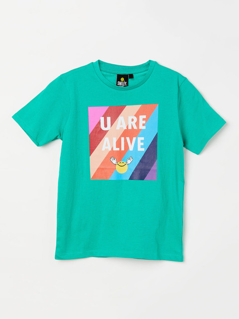 

Smiley World Boys Green Printed Round Neck T-shirt