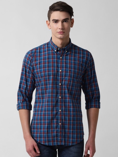 

Peter England Casuals Men Navy Blue & Orange Slim Fit Checked Casual Shirt