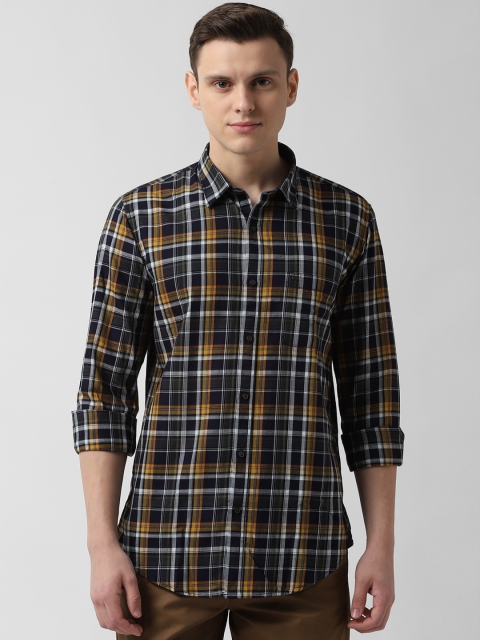 

Peter England Casuals Men Navy Blue & Olive Green Slim Fit Checked Casual Shirt