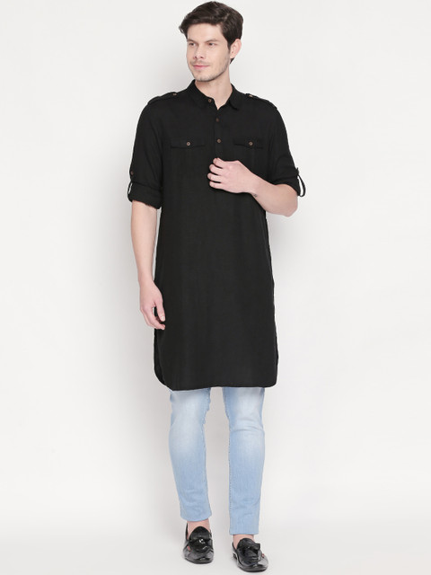 

indus route by Pantaloons Men Black Solid Straight Kurta
