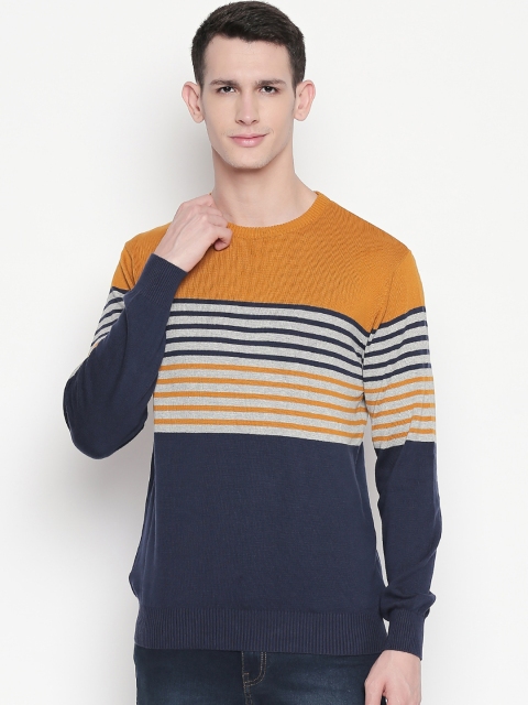 

BYFORD by Pantaloons Men Mustard Yellow & Navy Blue Striped Sweater