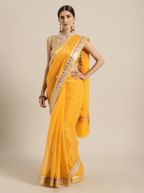 

Mitera Peach Embellished Kota Silk Saree with Gota Patti Border, Yellow