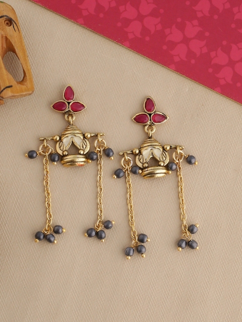 Studio Voylla Gold-Toned & Red Oxidised Contemporary Drop Earrings